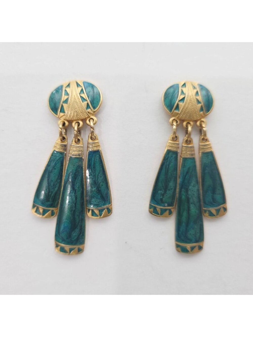 Vintage Gold-Tone & Green Enamel Tribal Style Dangle Earrings 2"